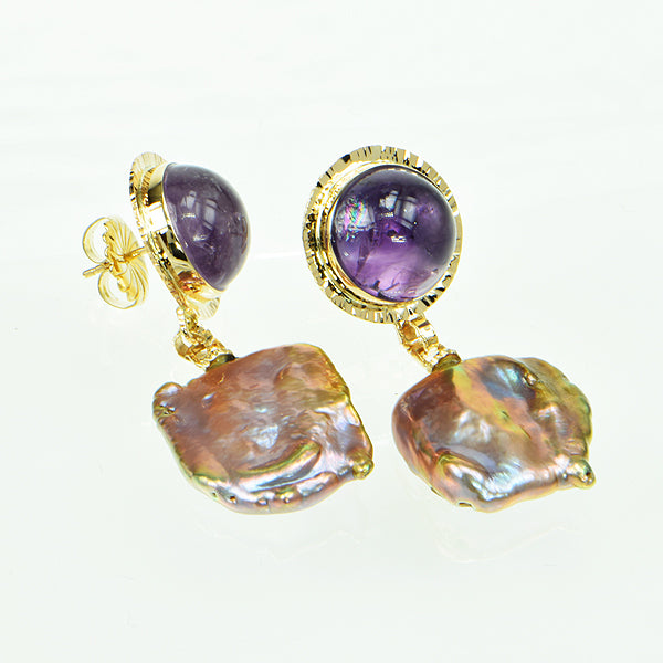 Amethyst Cabochon and Lavender Keshi Pearl Earrings