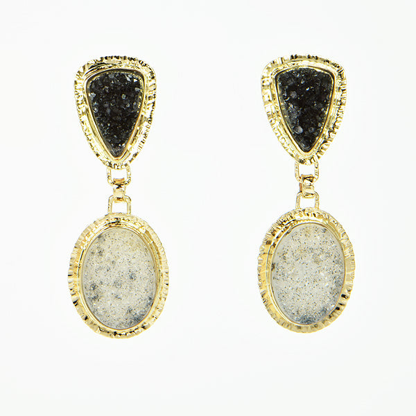 Black and Speckled Drusy Quartz Cabochon Earrings