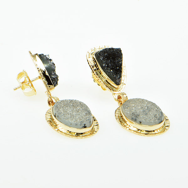 Black and Speckled Drusy Quartz Cabochon Earrings