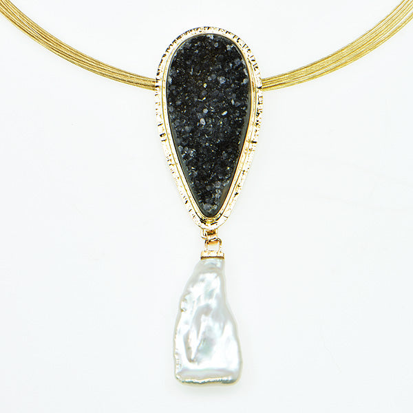 Black Drusy Quartz Cabochon and Free-form Freshwater Pearl Pendant
