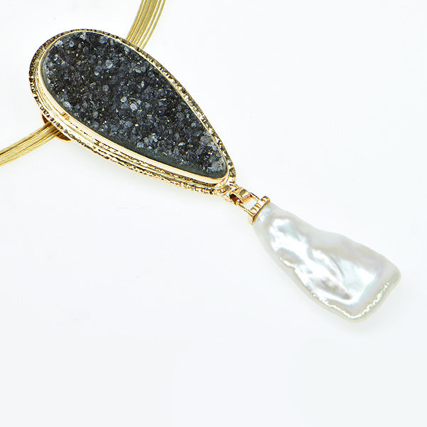 Black Drusy Quartz Cabochon and Free-form Freshwater Pearl Pendant