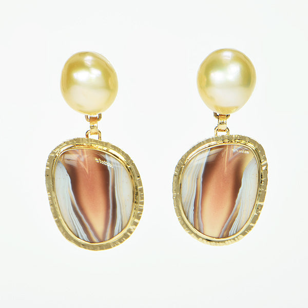 Botswana Agate Cabochon and Golden Freshwater Pearl Earrings