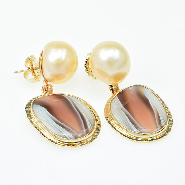 Botswana Agate Cabochon and Golden Freshwater Pearl Earrings