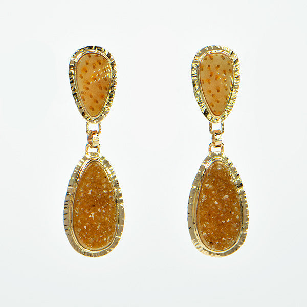 Camel Drusy Quartz and Fossil Palm Cabochon Earrings