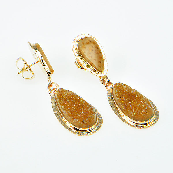 Camel Drusy Quartz and Fossil Palm Cabochon Earrings
