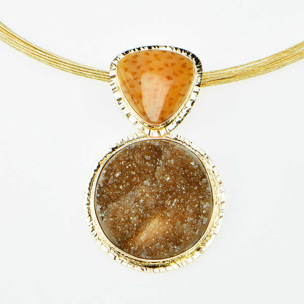 Camel Drusy Quartz and Fossil Palm Cabochon Pendant