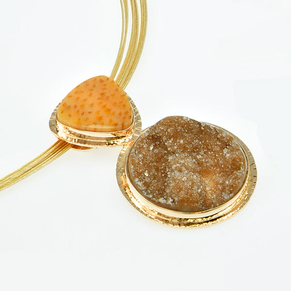 Camel Drusy Quartz and Fossil Palm Cabochon Pendant