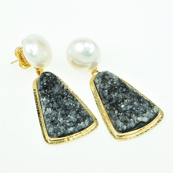 Charcoal Drusy Quartz Cabochon and Freshwater Pearl Earrings