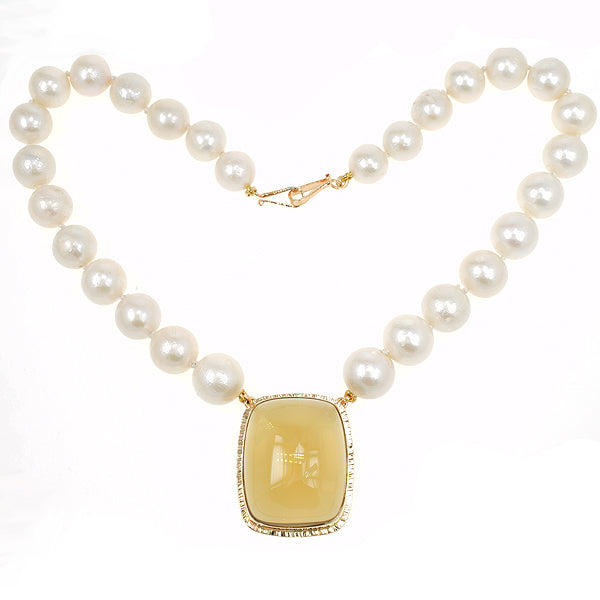 Lemon Citrine Cabochon and Freshwater Pearl Necklace
