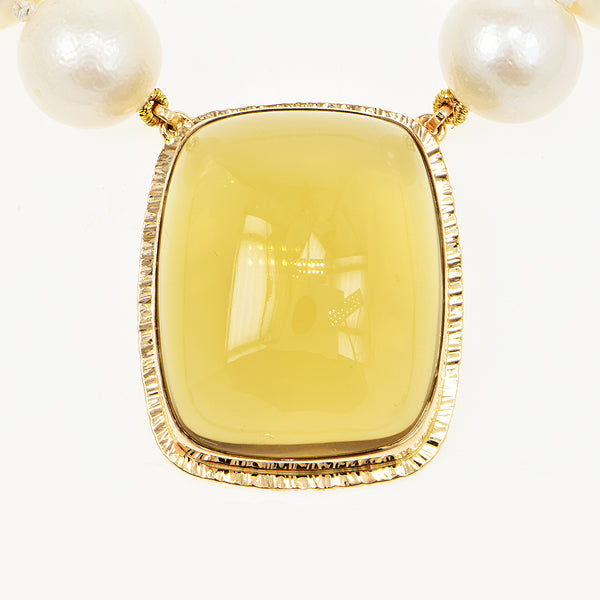 Lemon Citrine Cabochon and Freshwater Pearl Necklace