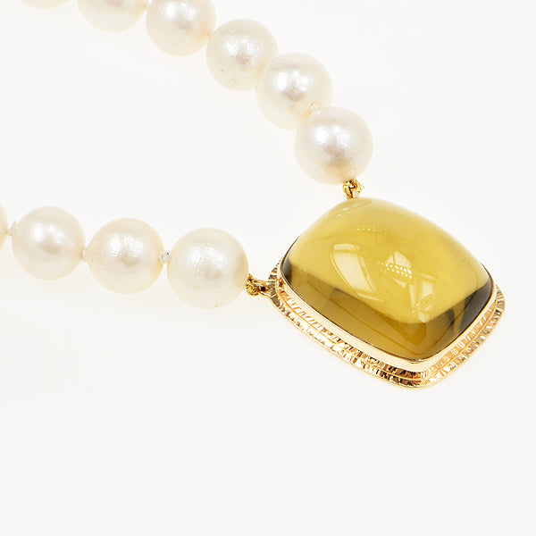 Lemon Citrine Cabochon and Freshwater Pearl Necklace