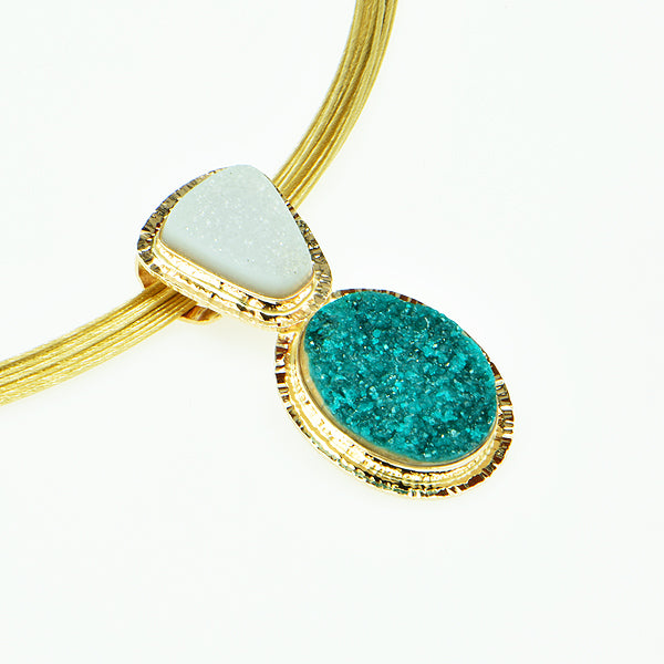 Drusy Chrome Dioptase and White Drusy Quartz Cabochon Pendant