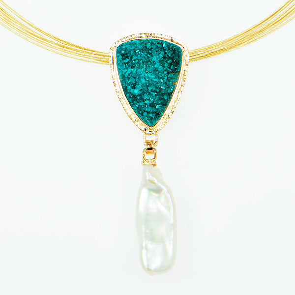Drusy Chrome Dioptase Cabochon and Pearl Pendant