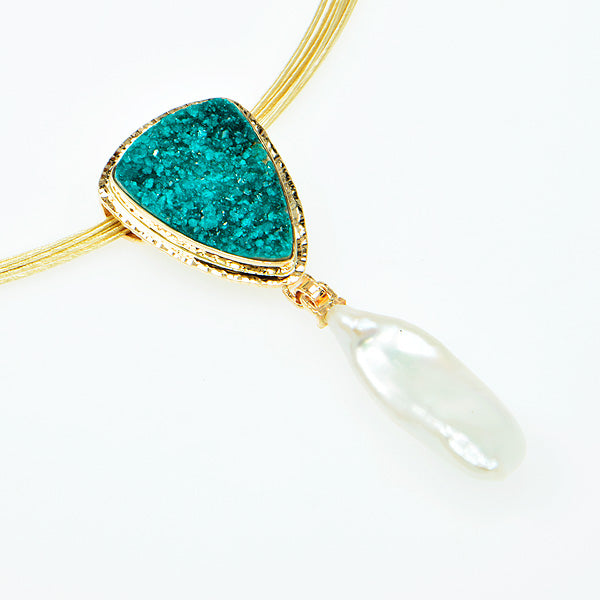 Drusy Chrome Dioptase Cabochon and Pearl Pendant