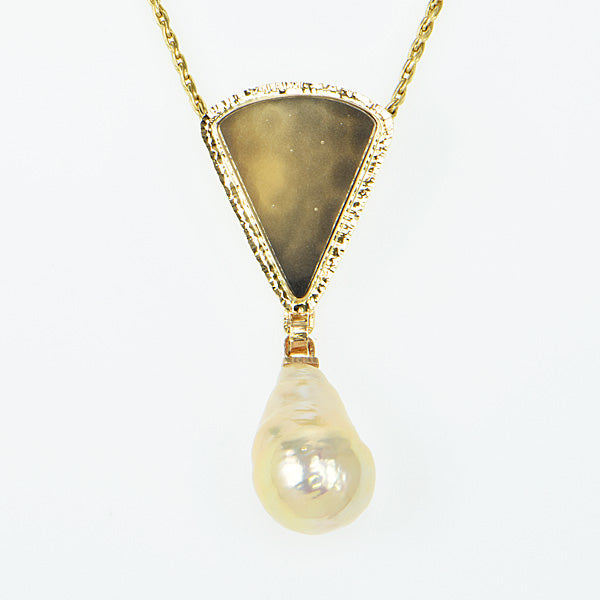 Drusy Fossil Coral Cabochon and Golden Freshwater Pearl Pendant