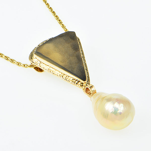 Drusy Fossil Coral Cabochon and Golden Freshwater Pearl Pendant
