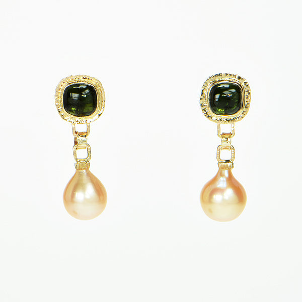 Green Tourmaline Cabochon and Pearl Earrings