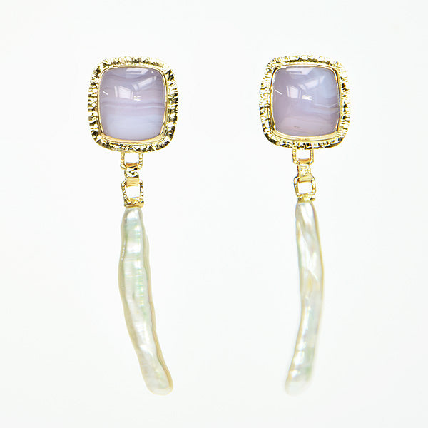 Holly Blue Chalcedony Cabochon and Pearl Earrings