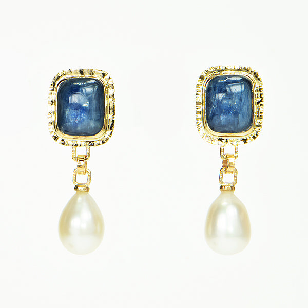 Kyanite Cabochon and Freshwater Pearl Earrings