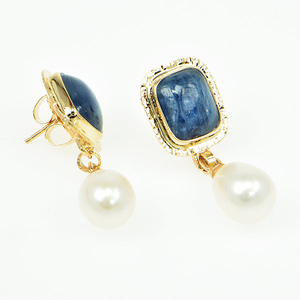 Kyanite Cabochon and Freshwater Pearl Earrings
