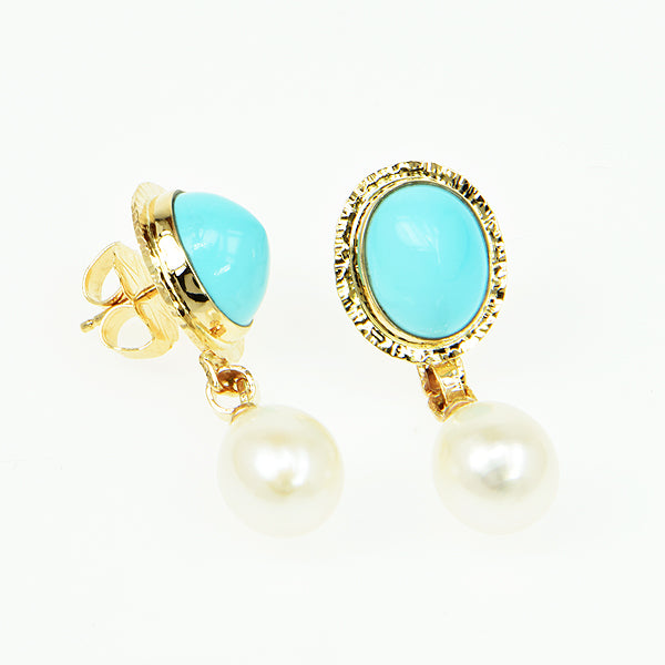 Persian Turquoise Cabochon and Pearl Earrings