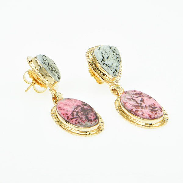 Piemont-Thulite and Salt & Pepper Drusy Quartz Cabochon Earrings