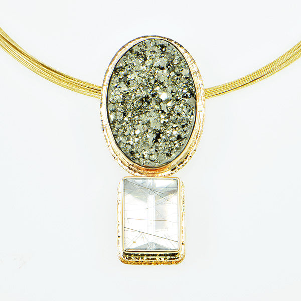 Gold Pyrite Cabochon and Tourmaline in Quartz Faceted Pendant