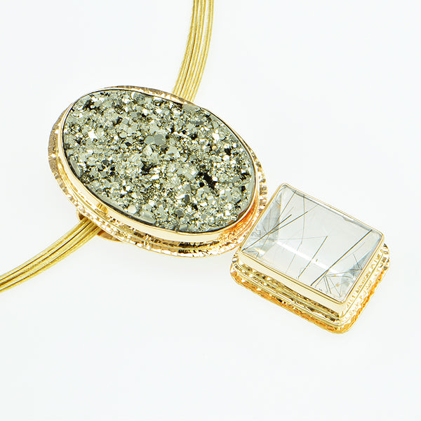 Gold Pyrite Cabochon and Tourmaline in Quartz Faceted Pendant