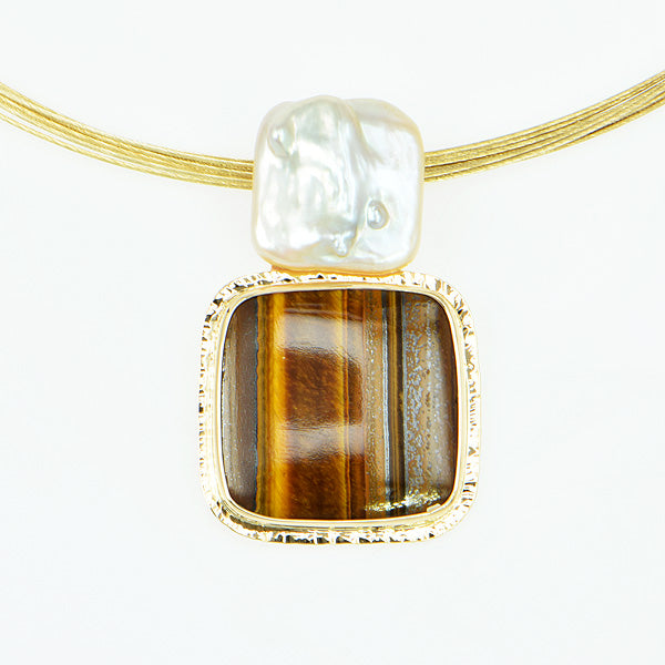 Tigereye Cabochon and Freshwater Pearl Pendant