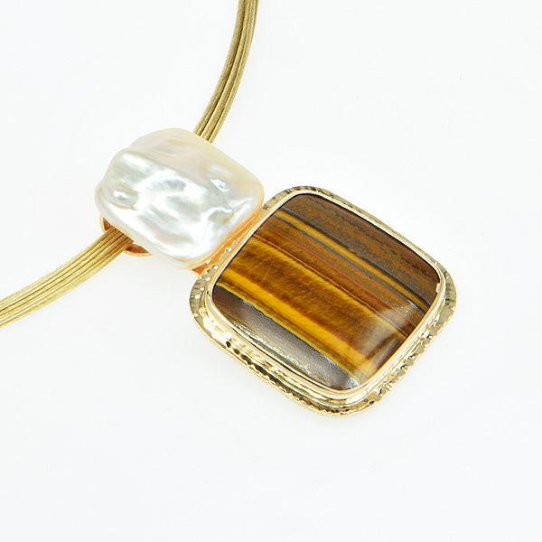 Tigereye Cabochon and Freshwater Pearl Pendant