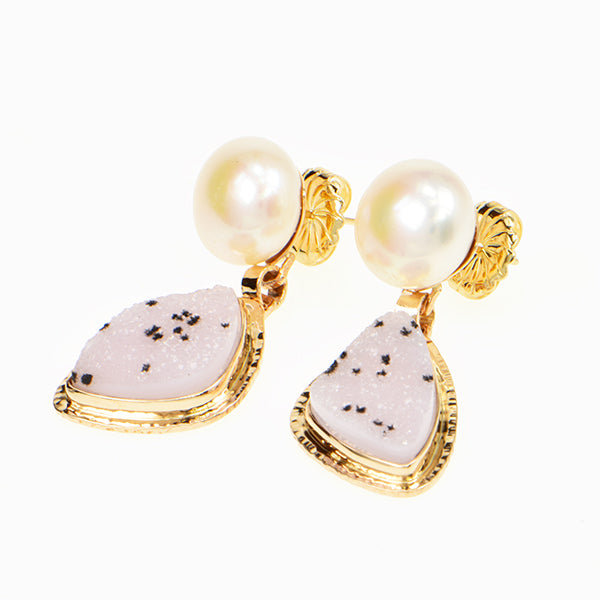 Salt and Pepper Drusy Quartz Cabochon and Pearl Earrings