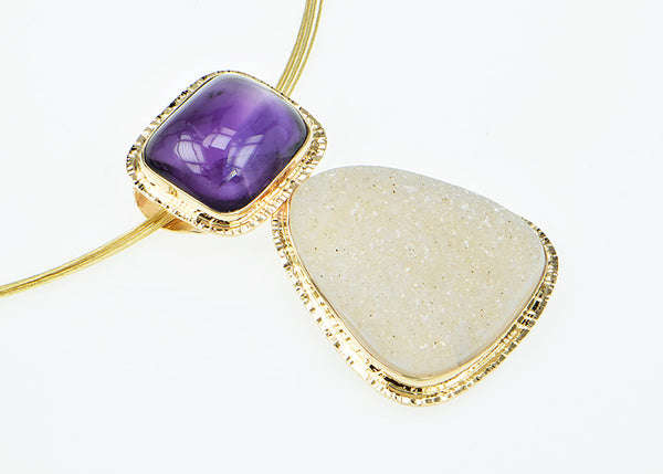 Chevron Amethyst and White Drusy Quartz Cabochon Pendant
