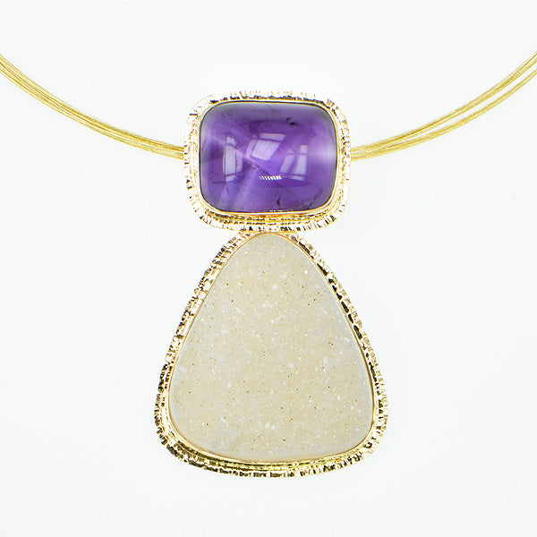 Chevron Amethyst and White Drusy Quartz Cabochon Pendant