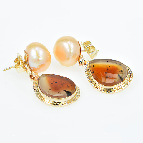 Apricot Slice Cabochon and Pearl Earrings