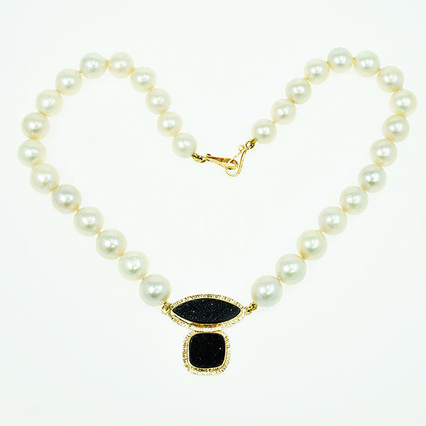 Black Drusy Quartz Cabochon and Freshwater Pearl Necklace