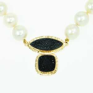 Black Drusy Quartz Cabochon and Freshwater Pearl Necklace