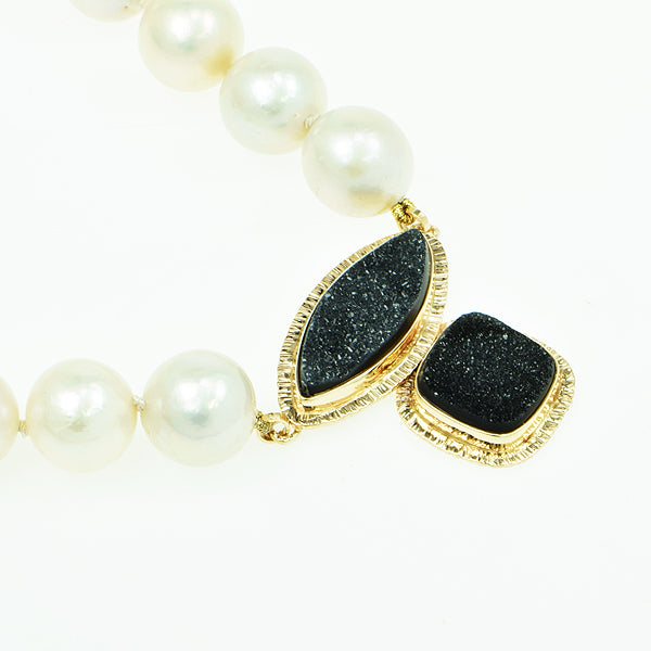 Black Drusy Quartz Cabochon and Freshwater Pearl Necklace