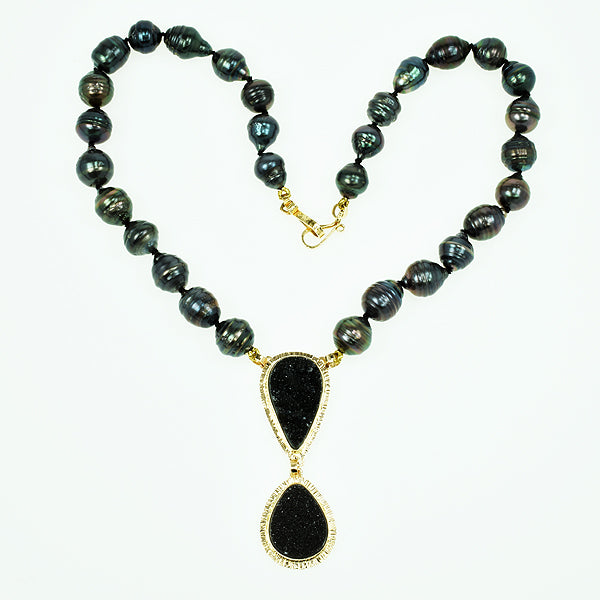 Black Drusy Quartz Cabochon and Tahitian Pearl Necklace