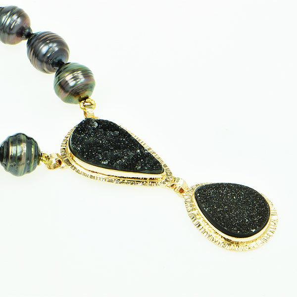 Black Drusy Quartz Cabochon and Tahitian Pearl Necklace