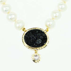 Black Drusy Quartz Cabochon and Kunzite Faceted Freshwater Pearl Necklace