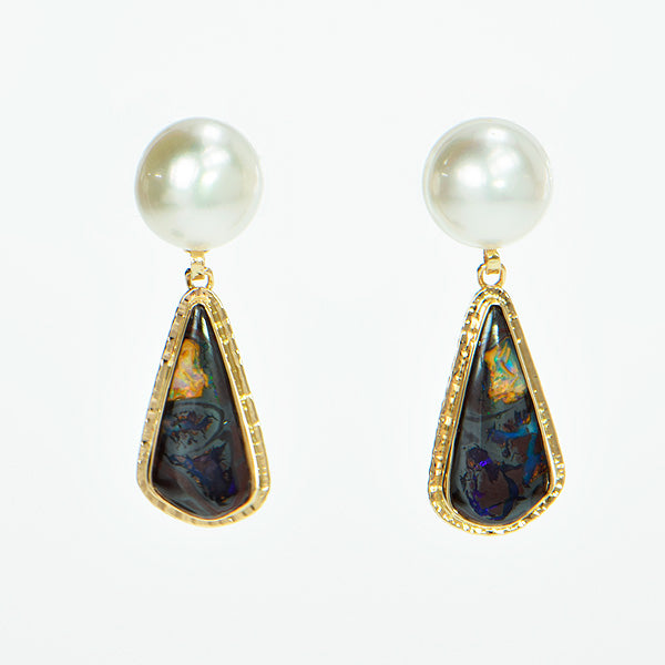 Boulder Opal Cabochon and Pearl Earrings
