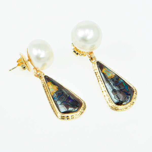 Boulder Opal Cabochon and Pearl Earrings