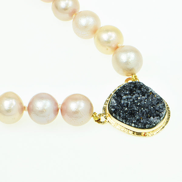 Charcoal Drusy Quartz Cabochon and Pink Freshwater Pearl Necklace