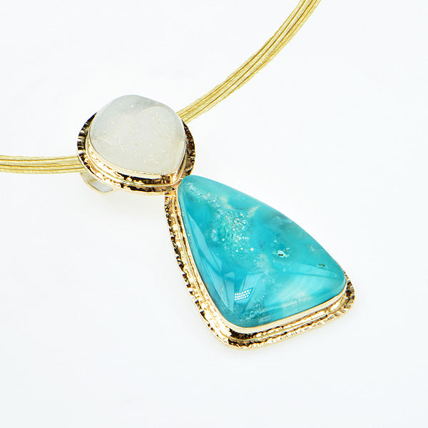 Drusy Chrysocolla and White Drusy Quartz Cabochon Pendant