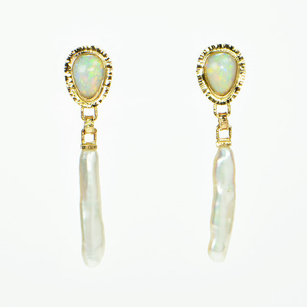 Crystal Opal Cabochon and Stick Pearl Earrings