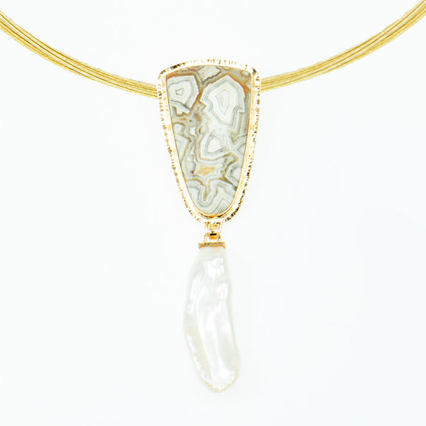 Lace Agate Cabochon and Free-Form Pearl Pendant