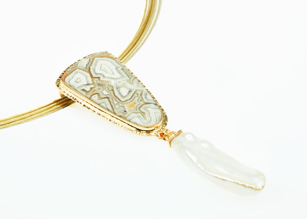 Lace Agate Cabochon and Free-Form Pearl Pendant