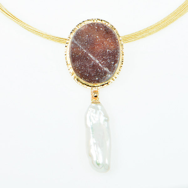 Mauve Drusy Quartz Cabochon and Free-Form Pearl Pendant
