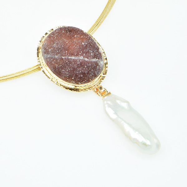 Mauve Drusy Quartz Cabochon and Free-Form Pearl Pendant