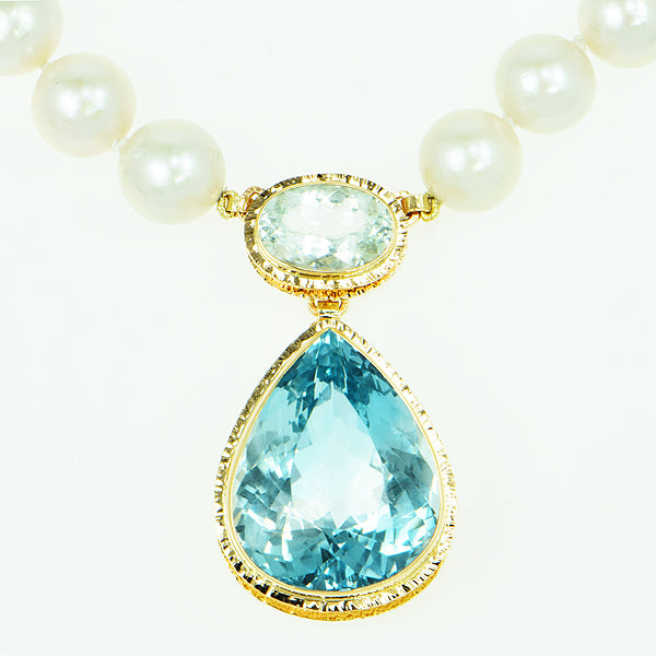 Natural Blue Topaz and Ice Aquamarine Faceted and Freshwater Pearl Necklace